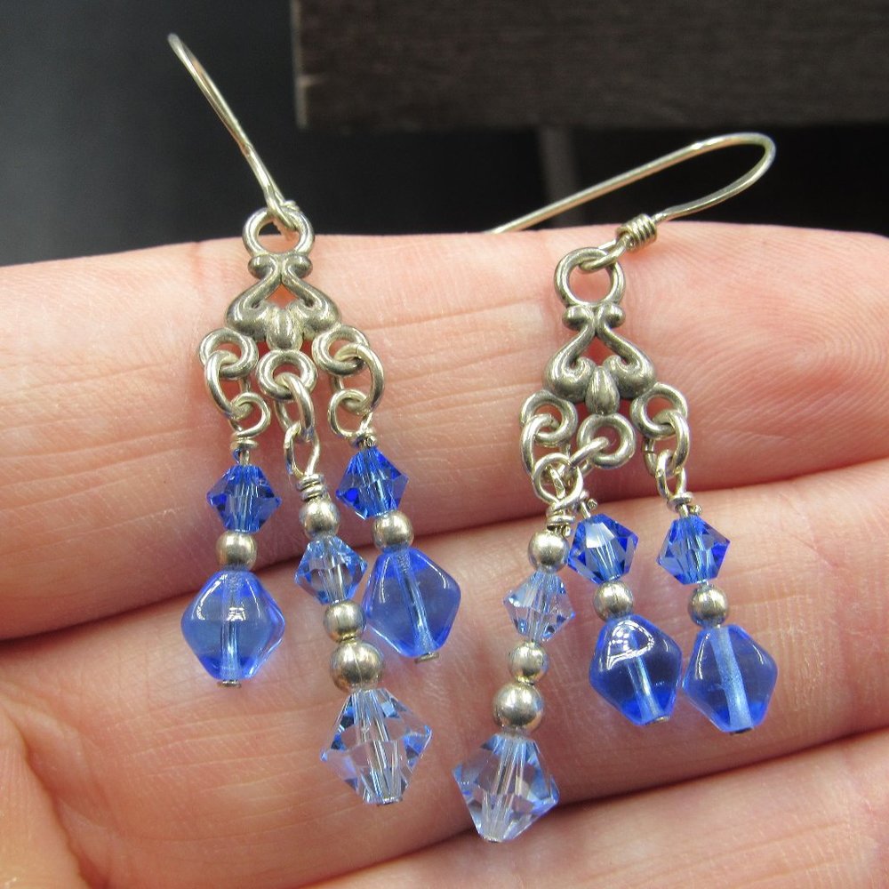 Sterling Multiple Blue Crystal String Earrings - image 1
